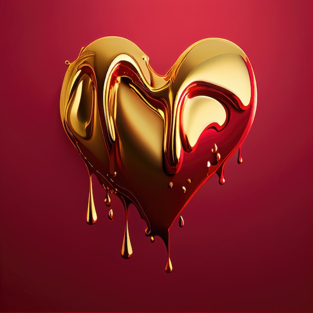 Forma de coração dourado sobre fundo vermelho Dia dos namorados e conceito de romance Tema de ilustração de arte digital Generative AI