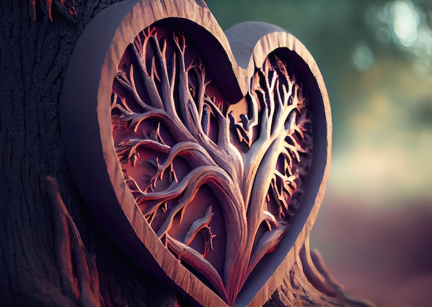 Forma de coração esculpida no fundo da árvore Beleza na natureza e conceito feito à mão Ilustração de arte digital Generative AI