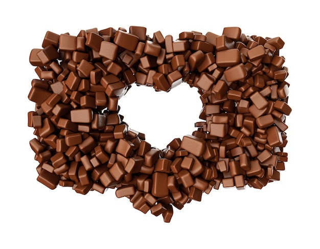 Forma de coração feita de pedaços de chocolate pedaços de chocolate ilustração 3d isolada