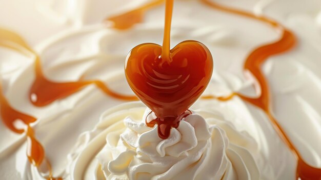 Forma de coração fluindo de xarope de caramelo em creme de sorvete batido