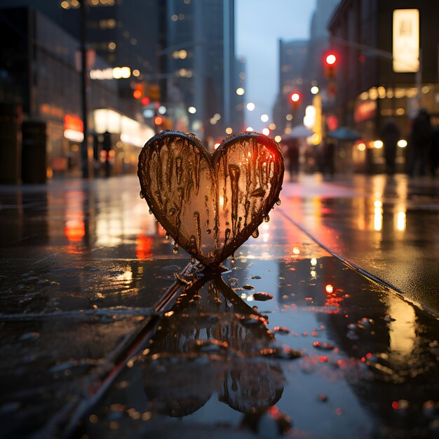 Forma de coração numa rua molhada na cidade à noite conceito de amor