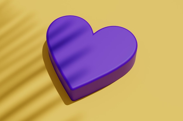 Forma de coração roxo em renderização 3d de fundo amarelo