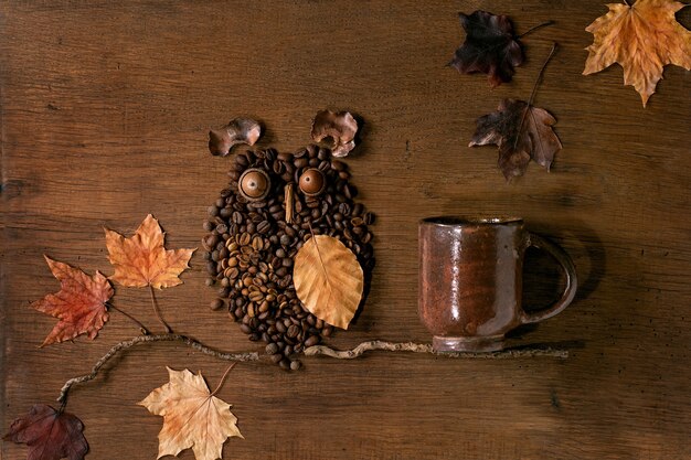 Forma de coruja de grãos de café e especiarias. Coruja sentar no galho com uma xícara de café e folhas de outono sobre fundo de madeira. Conceito engraçado de café misterioso de outono