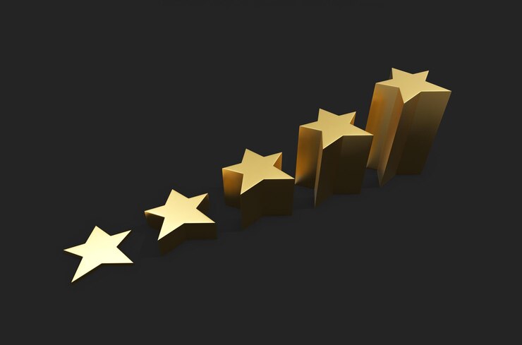 Foto forma de escada com o símbolo de cinco estrelas a melhor classificação, a melhor classificação, o melhor conceito de sucesso de meta de serviço 3d renderiza estilo minimalista