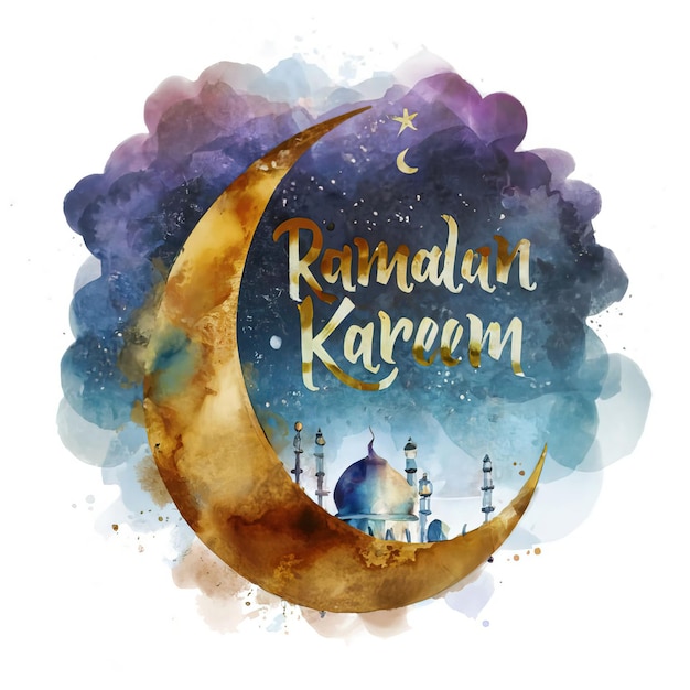 forma de lua de ramadã 8k aquarela sinal de estrelas céu pintura cinematográfica tipografia arquitetura