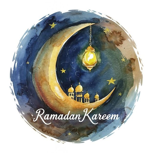 forma de lua de ramadã 8k aquarela sinal de estrelas céu pintura cinematográfica tipografia arquitetura