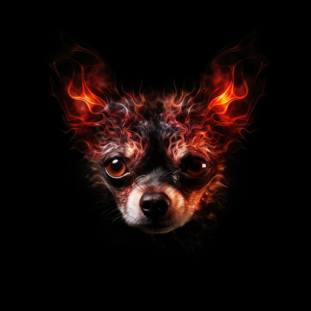 Foto forma de rosto de chihuahua em fogo vermelho sobre fundo preto ia generativa