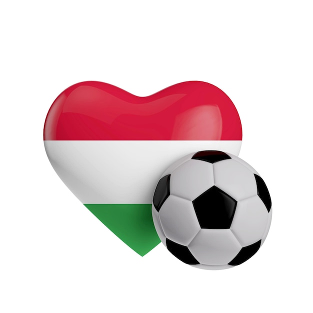 Forma do coração da bandeira da Hungria com uma bola de futebol Amo o futebol 3D Rendering