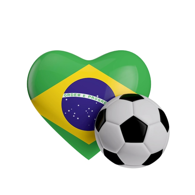 Foto forma do coração da bandeira do brasil com uma bola de futebol amo o futebol 3d rendering