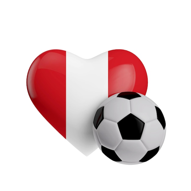 Forma do coração da bandeira do Peru com uma bola de futebol Amo o futebol 3D Rendering
