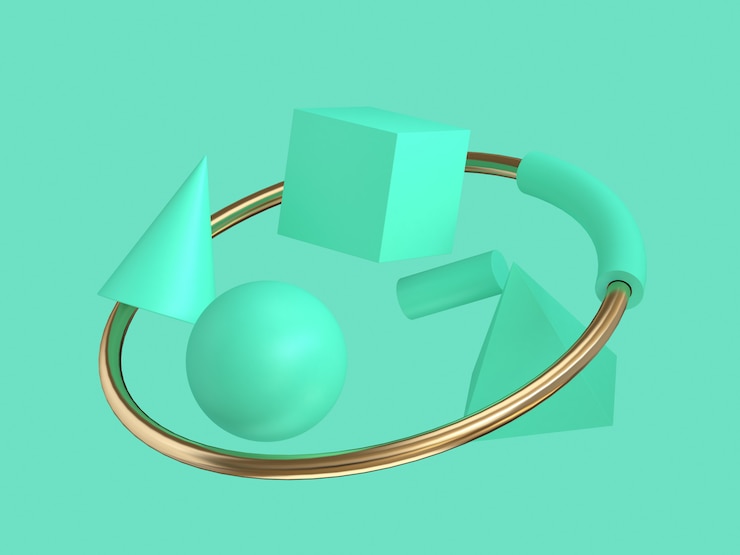 Foto forma geométrica abstracta verde 3d y anillo de oro flotando verde mínimo