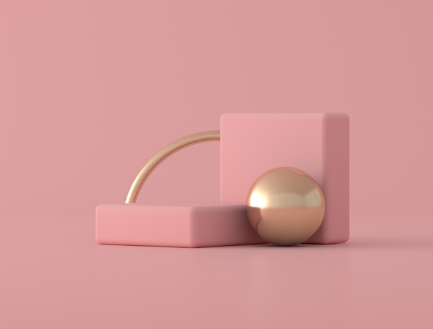 Forma geométrica abstrata, anel de ouro sobre fundo rosa, cores pastel, estilo minimalista, renderização em 3d