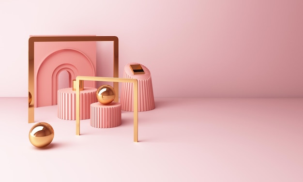 forma geométrica moderna rosa pastel e textura dourada renderização 3D