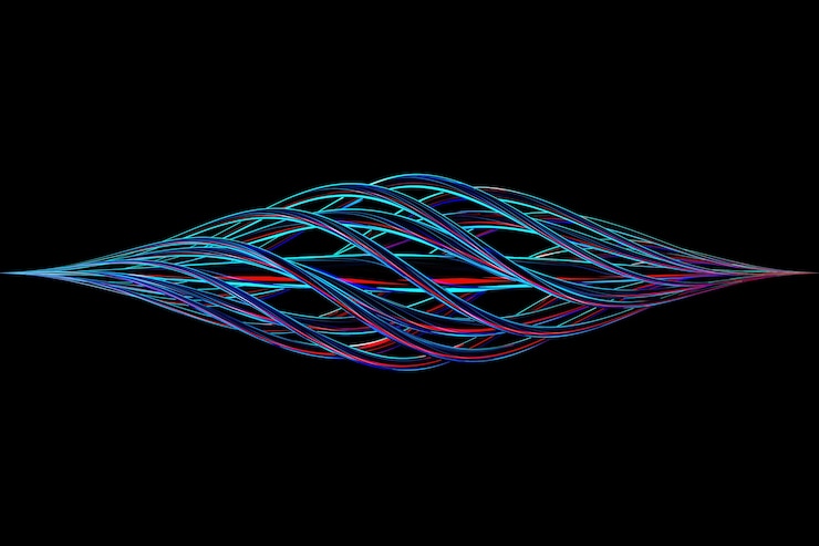 Foto forma de gota dinámica abstracta con objetos lisos azules, lados sobre un fondo negro aislado. ilustración y renderizado 3d. fondo de línea elegante.