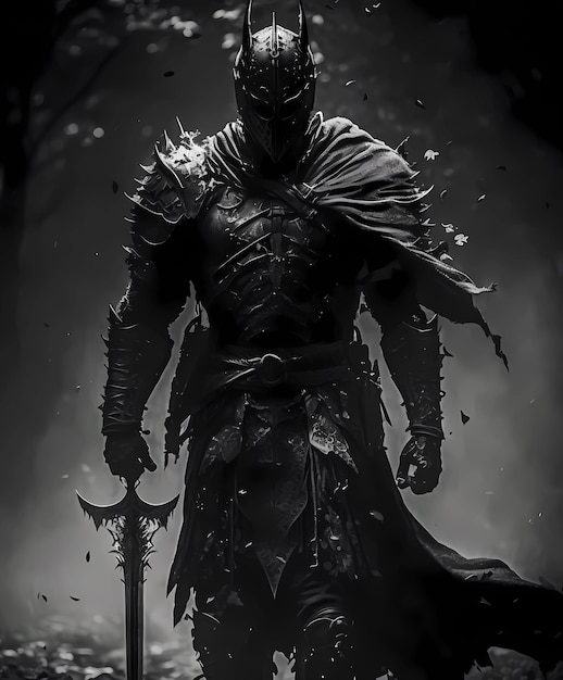 La forma guerrera envuelta en la oscuridad y vestida con una armadura de sombra negra.