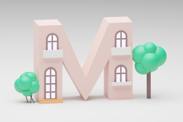 Forma de letras del alfabeto 3d hecha de casa pequeña sobre fondo gris 3d render letra M