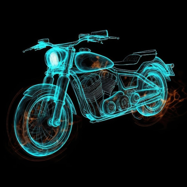 Forma de motocicleta en fuego sobre fondo negro IA generativa
