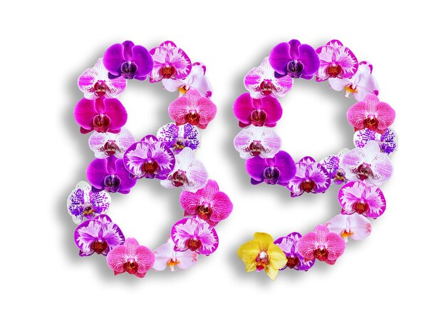 La forma del número 89 está hecha de varios tipos de flores de orquídeas adecuadas para plantillas de aniversario de cumpleaños y día conmemorativo