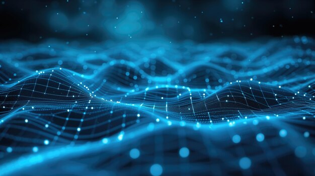 Forma de onda digital abstracta con cuadrícula y puntos en un fondo de luz azul futurista
