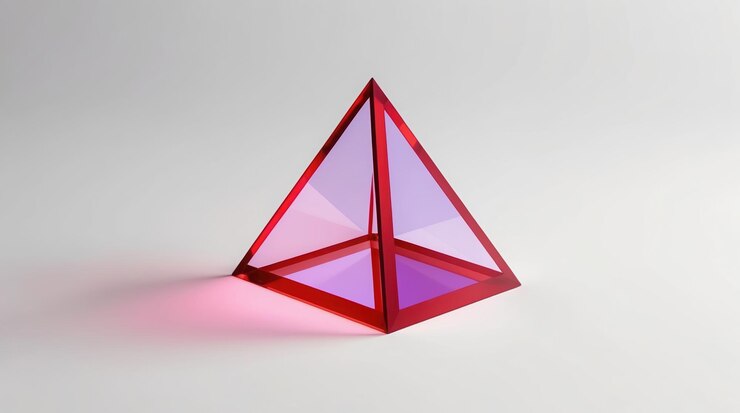 Foto forma de pirámide geométrica abstracta en vidrio translúcido rojo y púrpura
