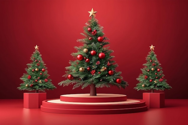 Forma de podio para la exhibición de productos cosméticos para el día de Navidad o Año Nuevo Exhibición de productos en fondo rojo con diseño vectorial de árbol navideño