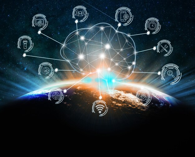 Forma poligonal do cérebro de inteligência artificial com vários ícones da internet das coisas de cidade inteligente