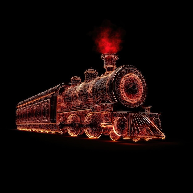 Forma de tren en fuego rojo sobre fondo negro IA generativa