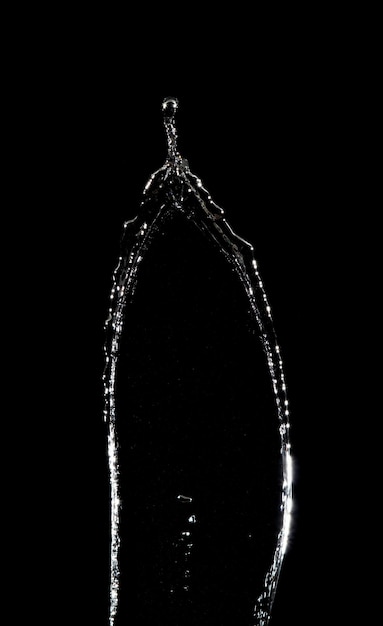 Forma de vertido de línea de agua que cae al tubo de agua de pino en el aire y parada de movimiento congelado. Vierta agua para tirar agua para elementos de recursos gráficos de textura de línea de forma fondo negro aislado