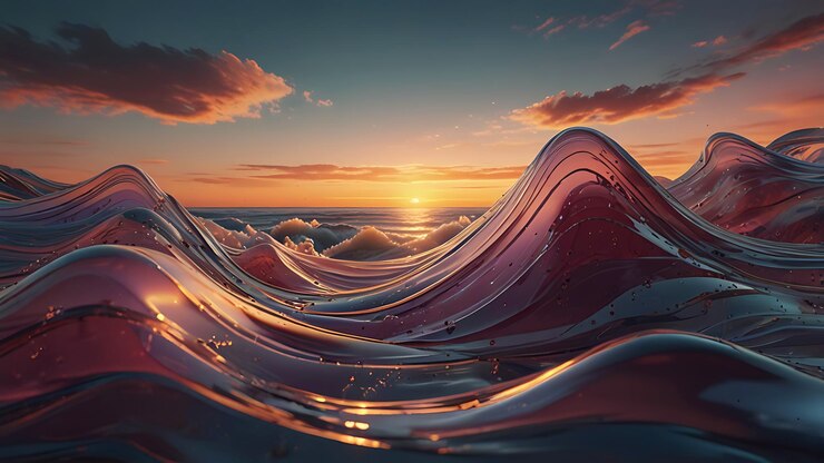 Forma de vidrio líquido abstracto con reflejos coloridos Olas de vidrio parpadeantes