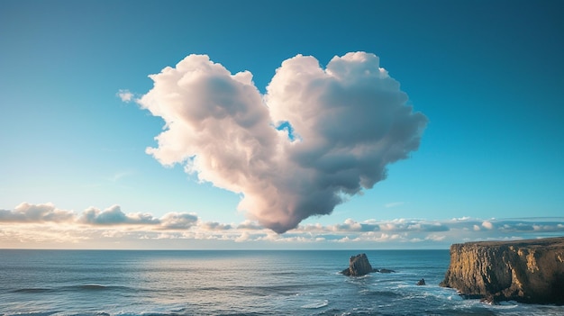 Formação de nuvens em forma de coração sobre o penhasco costeiro Escena de beleza natural