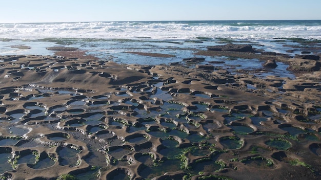 Formação rochosa erodida da piscina de maré na zona de maré intertidal do litoral da califórnia