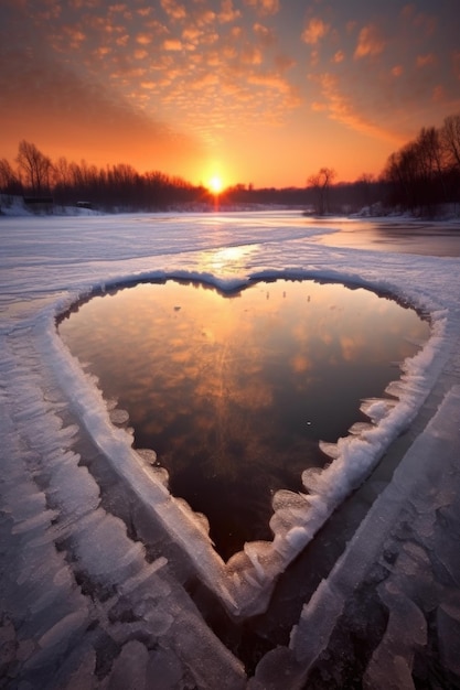 Formación de hielo en forma de corazón en un lago congelado creado con IA generativa