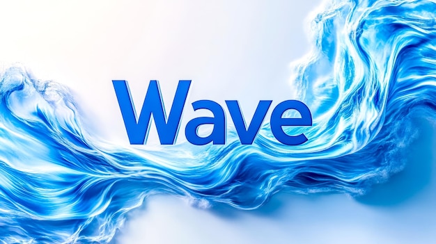 Formación de ondas azules con texto 3D en fondo blanco