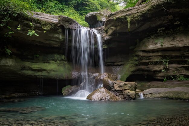 Formación de roca natural con cascada en cascada desde la parte superior creada con ai generativo