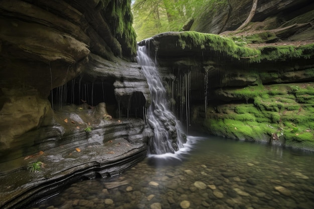 Formación rocosa natural con chorro de agua en cascada por su superficie creada con ai generativa