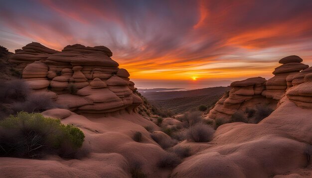 una formación rocosa con una puesta de sol en el fondo