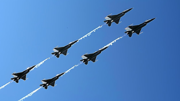 Foto una formación de seis aviones de combate volando en el cielo los aviones están volando todos a la misma velocidad y altitud y están todos en la misma formación