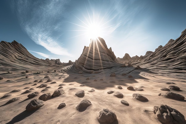 Formación de vórtice de roca surrealista piedras enrolladas ficticias en las montañas del desierto