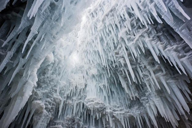 Formaciones de hielo intrincadas que sobresalen del techo de una cueva glaciar