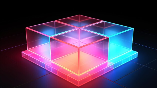 Foto formas abstractas de cubos cuadrados geométricos trasfondo de vidrio translúcido con luces de neón