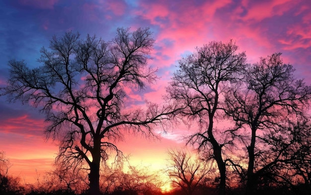 Las formas de árboles sombríos contra un cielo matutino tranquilo