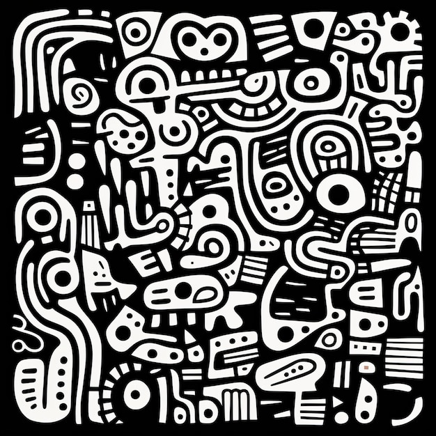 Formas brancas abstratas em fundo preto Uma fusão de arte Moche e Doodle absurdo