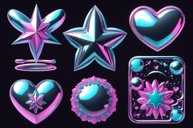 Foto formas brillantes cromadas en 3d establecidas en el estilo futurista retro de y2k flor de corazón de estrella metálica líquida