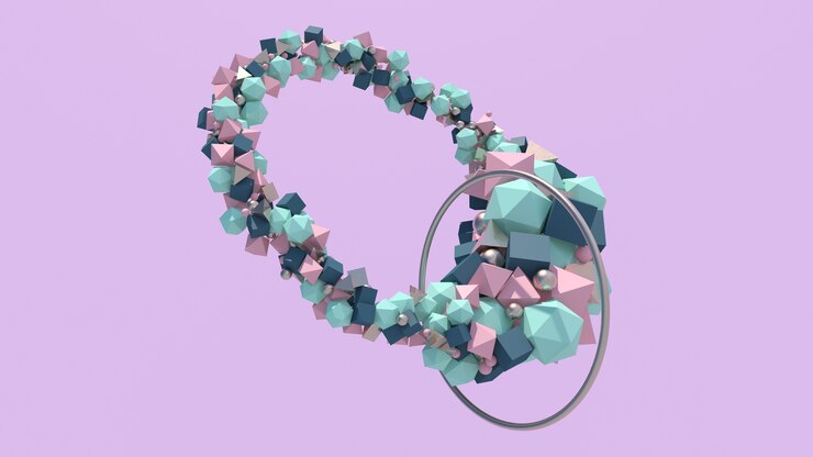 Foto formas coloridas y anillo metálico. ilustración abstracta, render 3d.