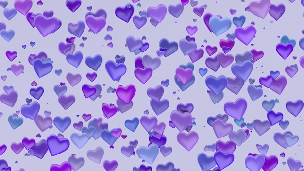 Formas de corazón azul y morado. Fondo de San Valentín. Ilustración abstracta, render 3d.