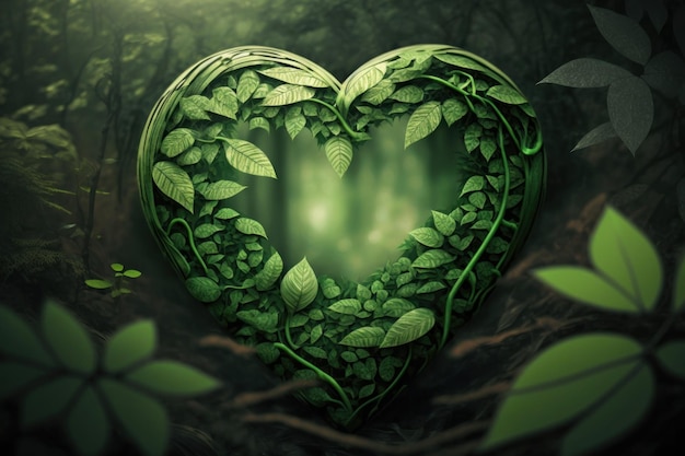 Formas de corazón verde con hoja sobre fondo de bosque verde IA generativa
