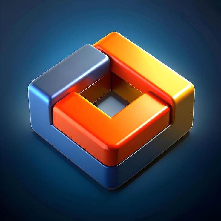 Foto formas cuadradas abstractas 3d entrelazadas en azul, naranja y oro
