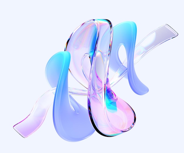 Formas de loop infinito de vidro abstrato com fita de gradiente transparente renderização 3D holográfica brilhante e forma de onda de morfismo de água ou plástico objeto de arte irisescente em fundo azul