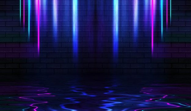 Formas de néon em uma parede de tijolos escuros Iluminação ultravioleta Reflexo da luz de néon na parede de tijolos