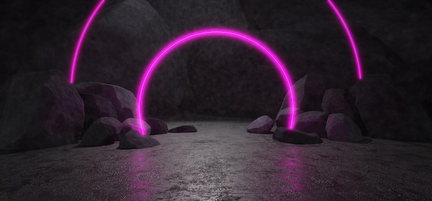 Formas de néon Raios de luz na fumaça escura Reflexão da rua escura da luz de néon no asfalto molhado Círculo de néon rosa Fundo escuro abstrato renderização 3D